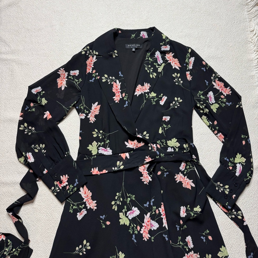 Rachel Roy Dark Floral Chiffon Cascade Ruffle Wrap Dress 8 - Picture 4 of 9